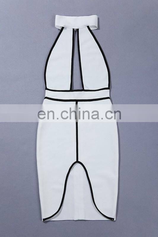 Amigo 2017 new designer white and black halter dew chest midi sexy high slit bandage dress evening dresses for women club wear