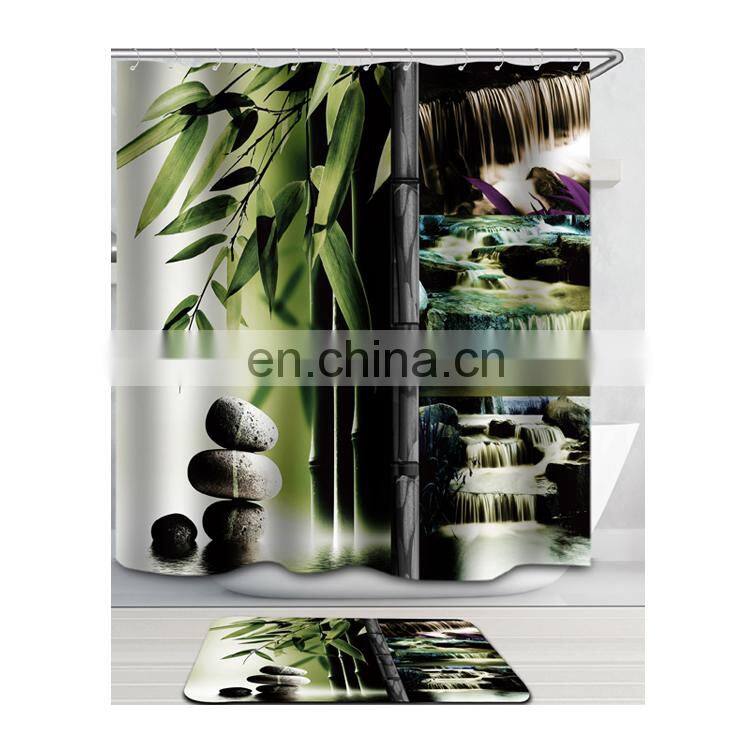 Newest hookless 3d printing bathroom shower curtain Bath mat set