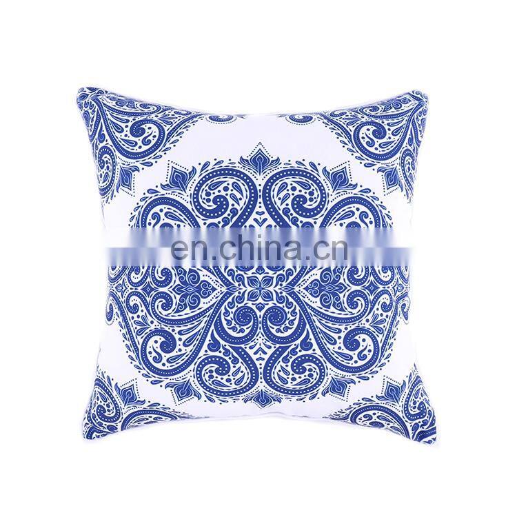 Chinese style blue and white porcelain design polyester canvas outdoor cushion cover with white piping and invisible zipper
