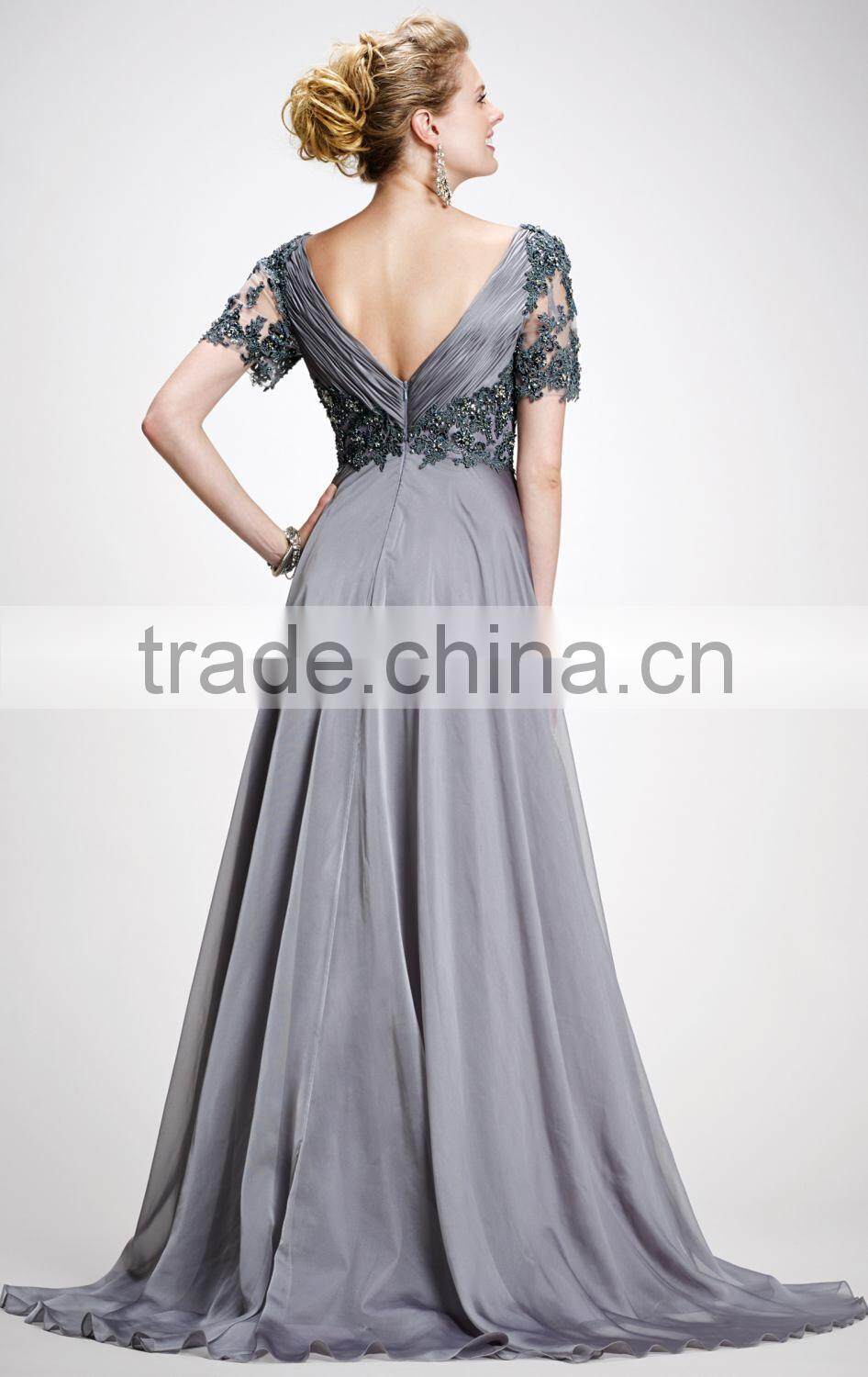 Autumn Style Elegant V-Neck Smooth Lace Short Sleeve Floor Length Evening Gown