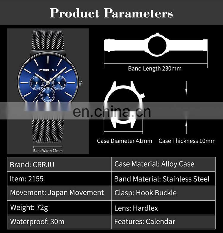 CRRJU 2155 Casual Quartz Watches Automatic Water Resistant Steel Fashion Pprivate Label Men Watch