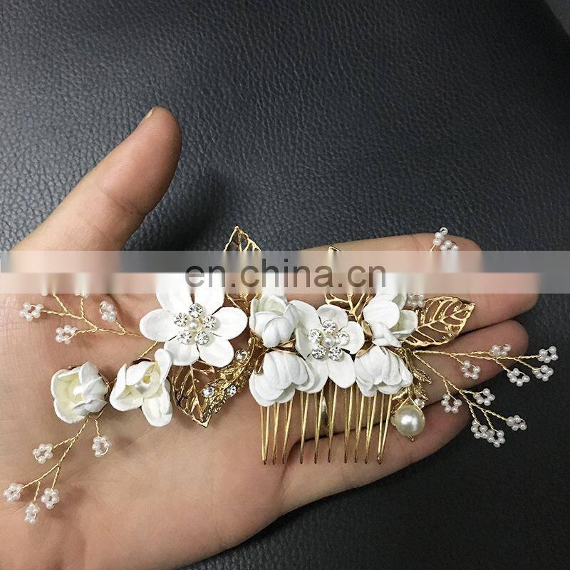 Luxury Blue Flower Hair Combs Headdress Prom Bridal Wedding Hair Accessories Gold Leaves Hair Jewelry