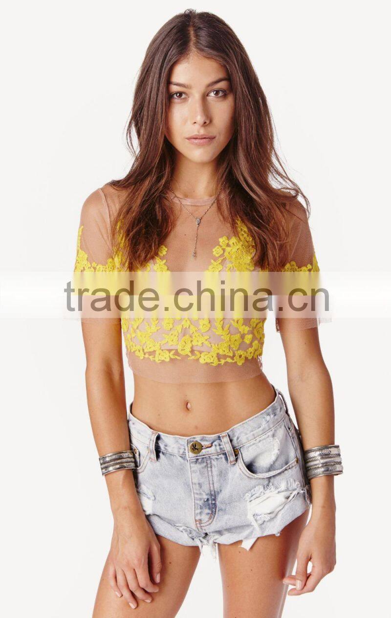Designer Western Tops Images 2015 Wholesale Sheer Lace Net Crop Tops for Women