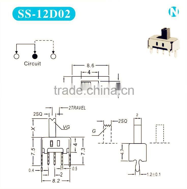 SS-12D02G5 high quality overheat 2position 1P2T vertical slide switch slide switch