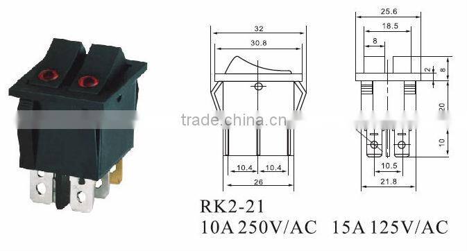 CNGAD 2 button black 6pins with light 10A 250V Rocker Switch(10A rocker switch,mini boat switch) (RK2-21 )