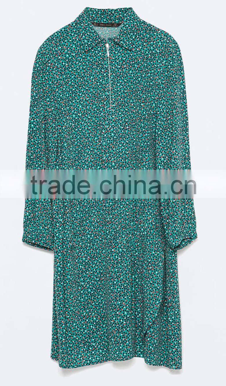 2015 summer long sleeve pleat with zipper front placket print rayon fashion dress - SYK15024