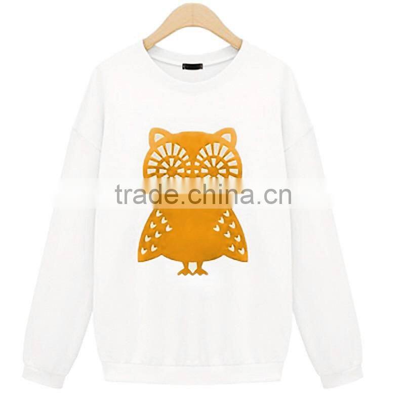 2015 Spring Women Casual Cute White Owl Animal Print Beading Hoodies Pullover Plus Size M-XL