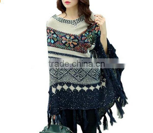 Women's Bat Tassels multicolor Poncho Cape Jacket fashion Warm Cloak Coat Knitwear