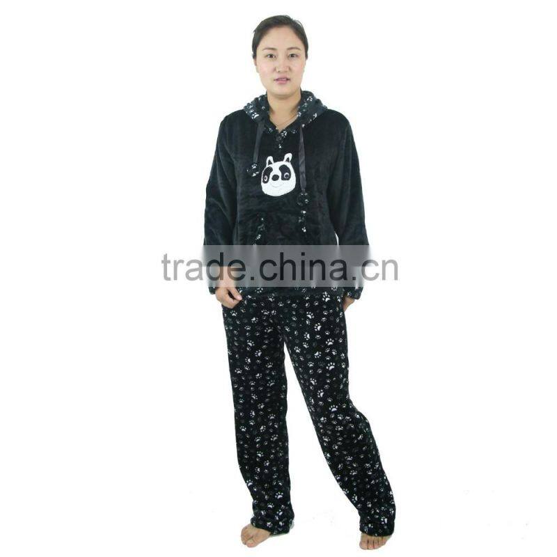 Kevince flannel pyjama set Panda emb cap knitting woman clothing nightwear homewear MOQ 1000sets