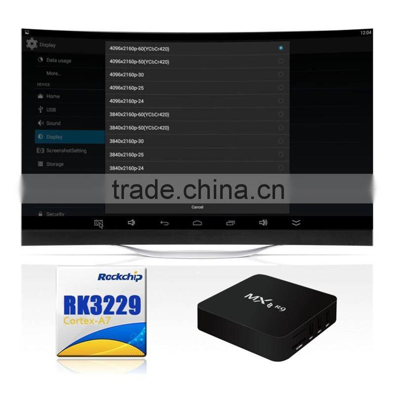 Full hd media player1GB/8GB MX8 android 4.4 android tv box RK3329 R9 MX8 Smart tv box