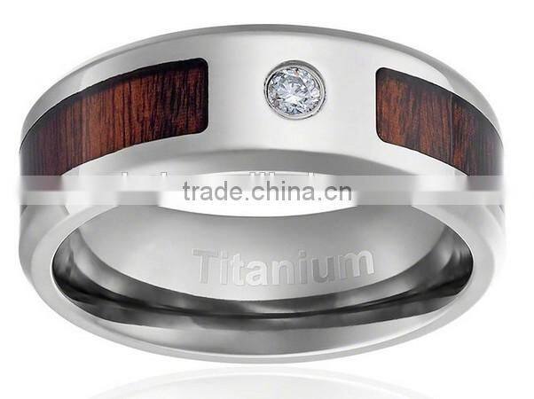8MM Comfort Fit Titanium Wedding Band Engagement Ring with Dark Wood Inlay Round Cut CZ Center Stone and Beveled Edges