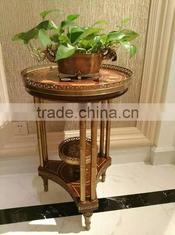 Handmade Marquetry Round Side Table, Luxury Brass Inlaid Natural Wood Coffee Table Vintage Style Castle Living Room Furniture