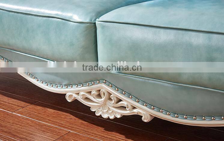 White color solid wood frame blue genuine leather 1+2+3 sofa set