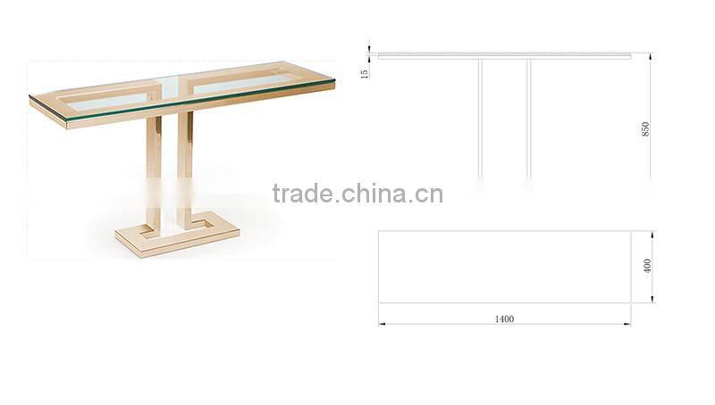 Golden polished stainless steel base glass console table