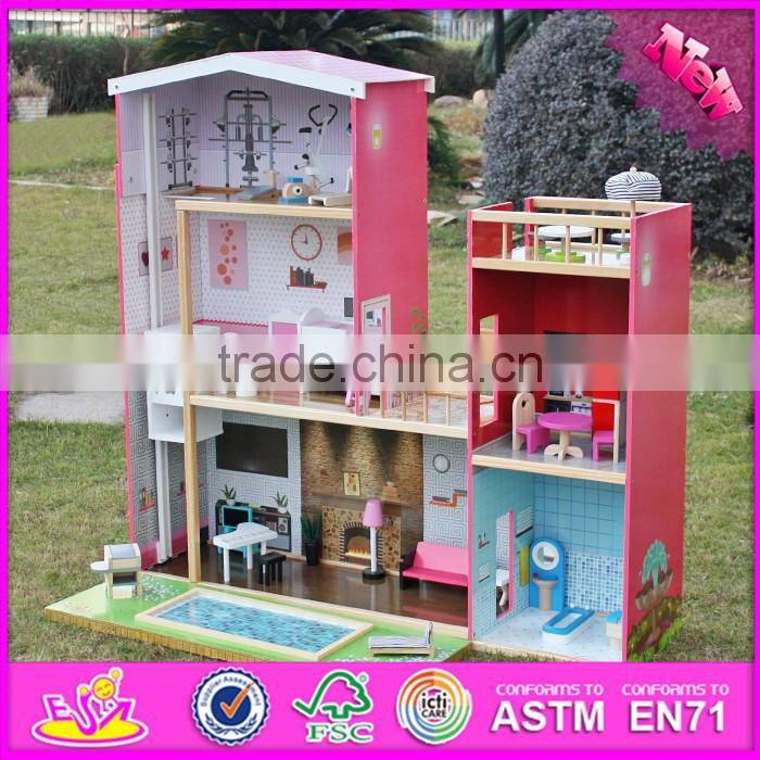 2016 new design full size children pretend play wooden uptown dollhouse with furniture W06A152