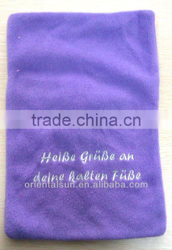 Rectangle Purple fabric with white embroidery word Rubber Hot Water Bottle Cover