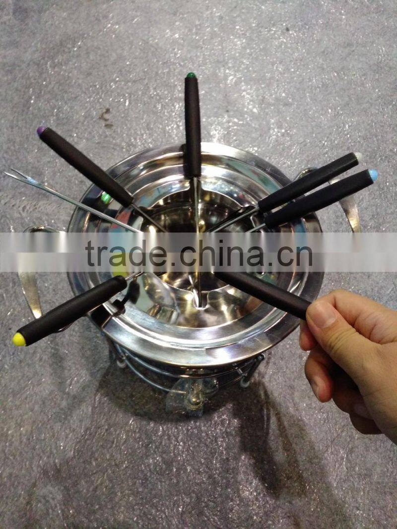 Hot sale stainless steel round cheese/chocolate fondue set with fork