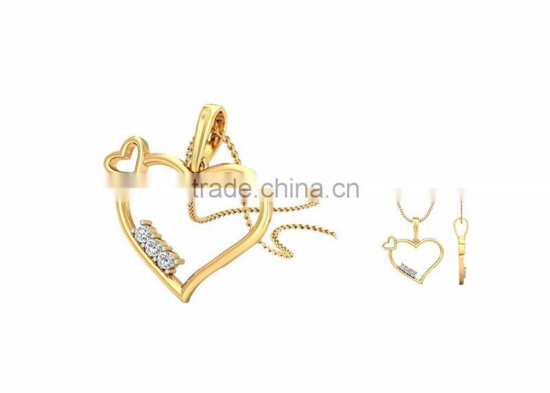 Gold Plated Designer CZ Studded Three Solitaire Heart Pendant