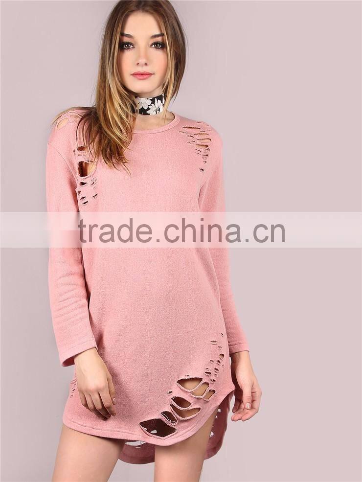 MGOO Women Longline Sweatshirt With Holes Distressed Curved Hem Tunic Dress Pink Long Sleeve