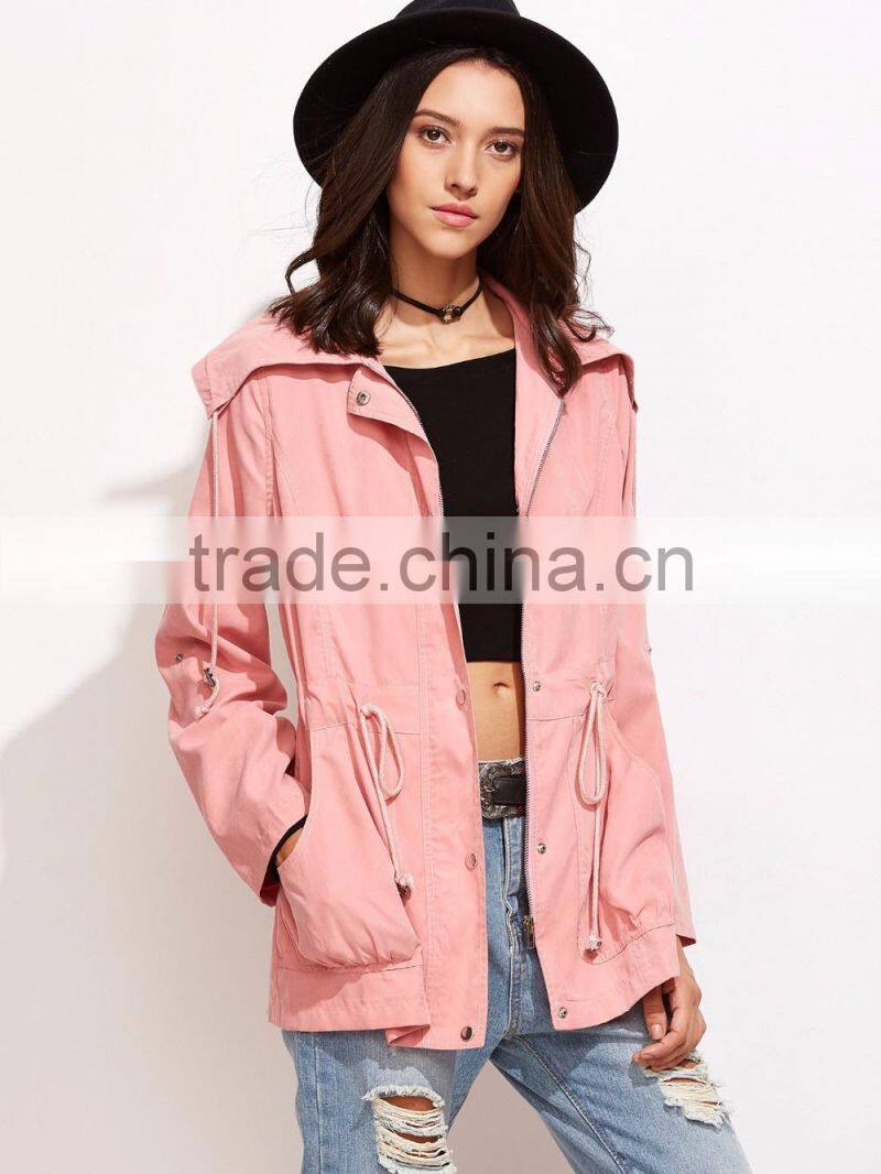 OEM Latest Pink Wide Collar Cotton Jacket Drawstring Utility Jacket Zipper Tie Waist Winter Coat Customized