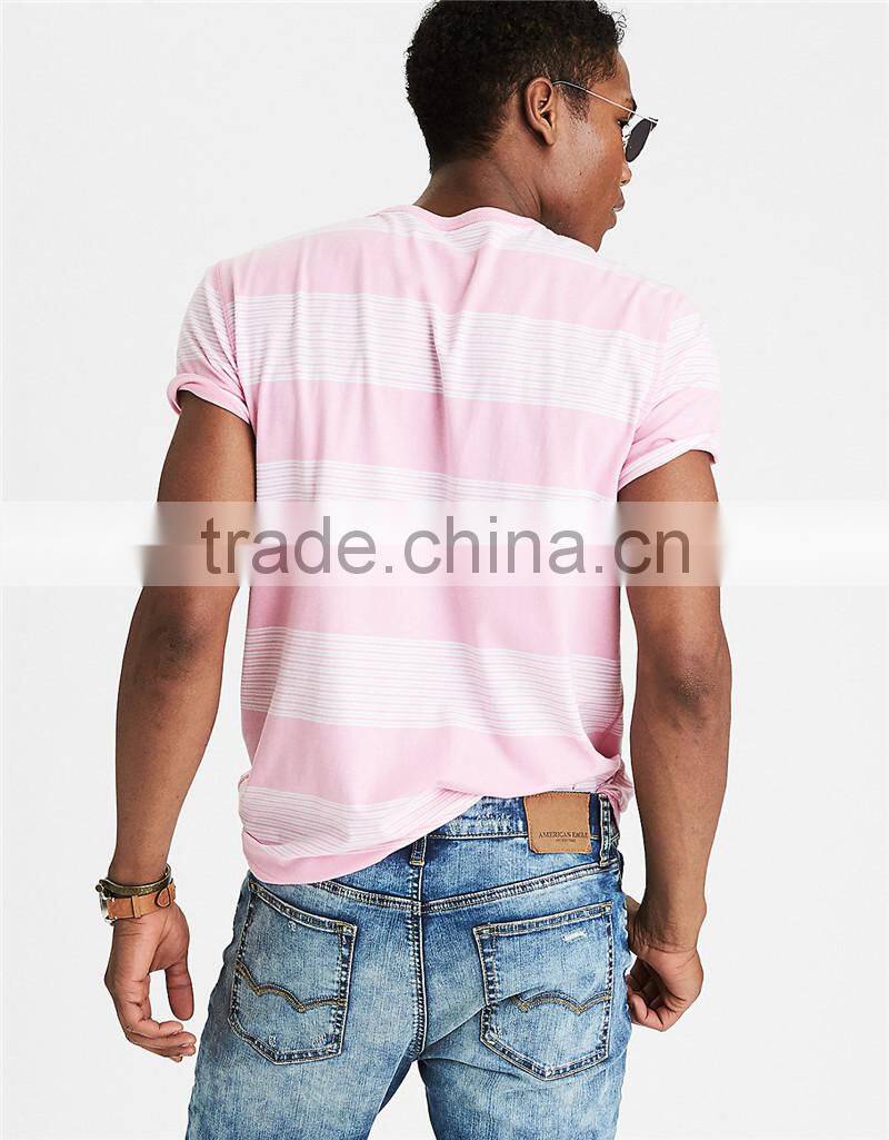 MGOO OEM Service Pink And White Horizontal Stripe T-shirts Mens Slim Fit 100% Cotton T Shirt