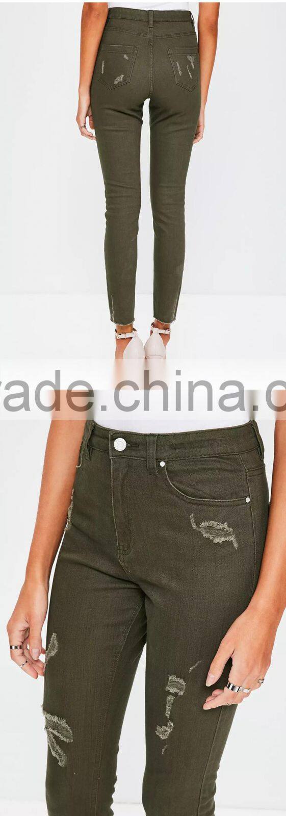 Custom women high waist skinny pants khaki damaged denim jeans wholesale direct factory