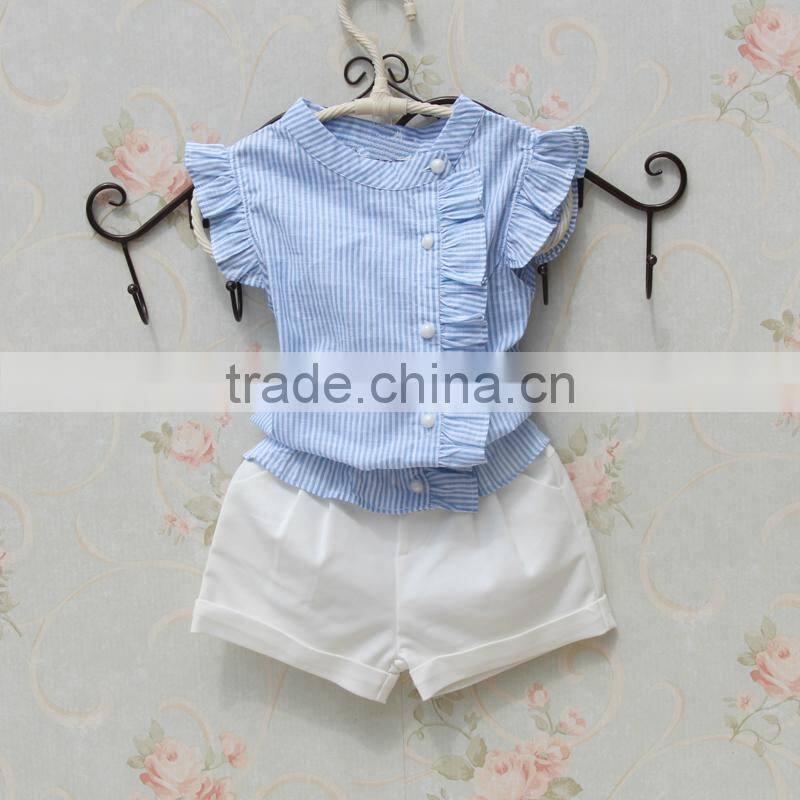 Child Girl Boutique Outfits Pearl Buttons Flutter Shirt With White Shorts Factory Direct Sale