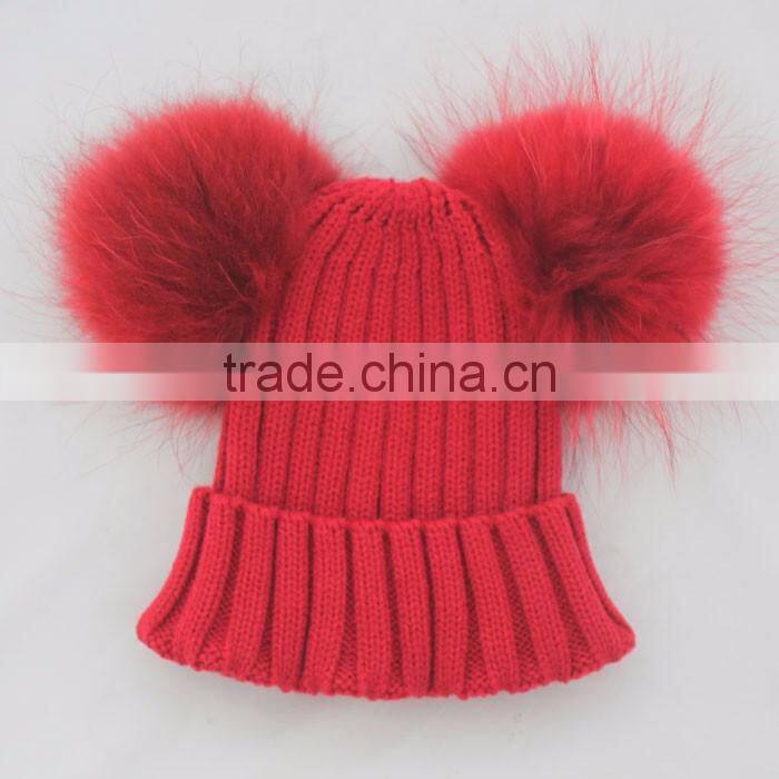 Myfur Red Raccoon Fur Pom Poms Wool Knitting Hat with Genuine Raccoon Fur Balls