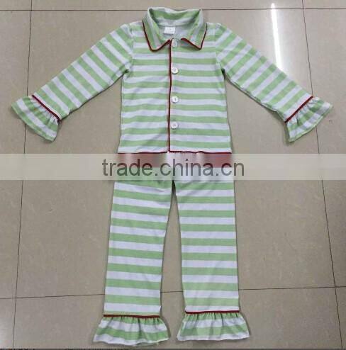 2016 Hot Sale Girls Pajama fashion christmas ruffle striped outfits Baby Sleeping Clothes Top and Pants set