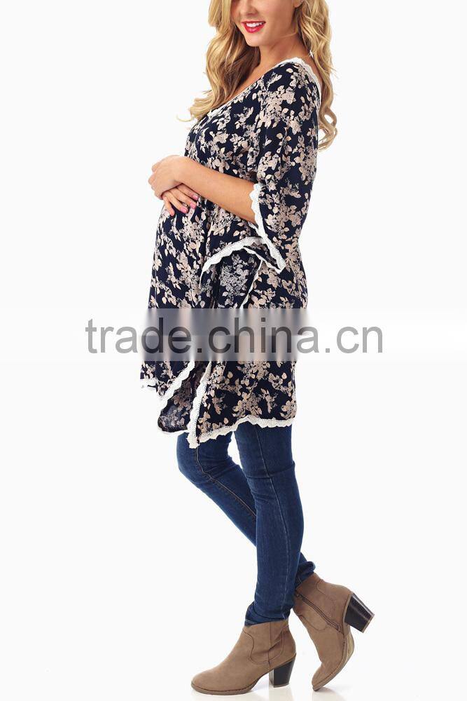 NAVY BLUE MOCHA FLORAL PRINT CROCHET TRIM MATERNITY WEAR