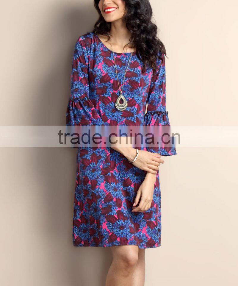 2016 New Women Dresses With Blue Floral Bell-Sleeve Shift Dress Women Flower Dress Women Wear GD90426-51