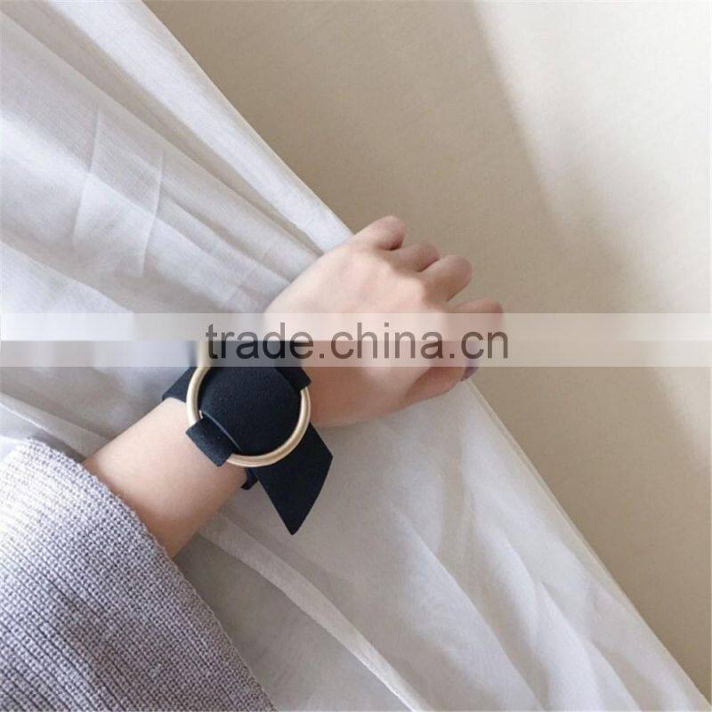 Wide Black Punk Leather Bangle Bracelet with Adjustable Gold/Silver Loop Circle for Lady