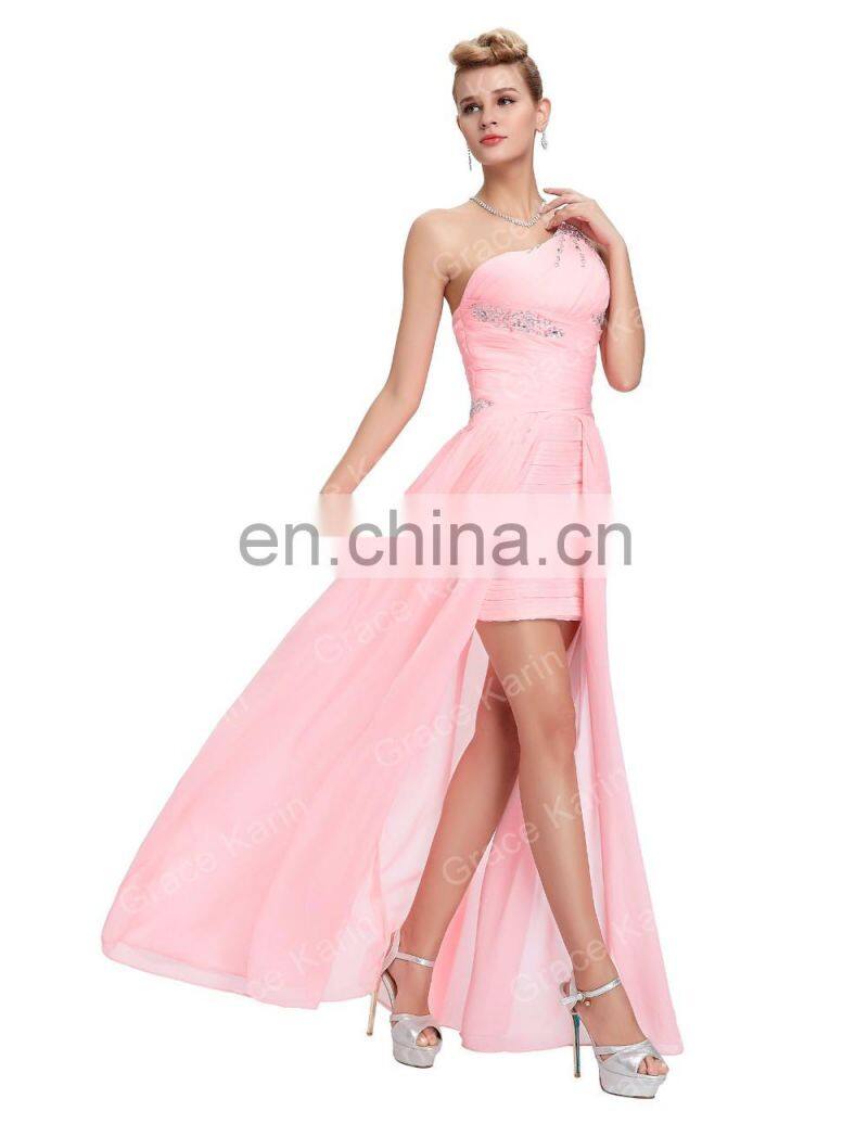 Grace Karin Short Front Long Back Chiffon One Shoulder Pink Prom Dress CL3828