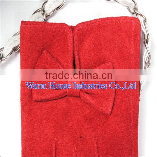 2016 Fashion bow trimmed red long pig suede ladies leather gloves