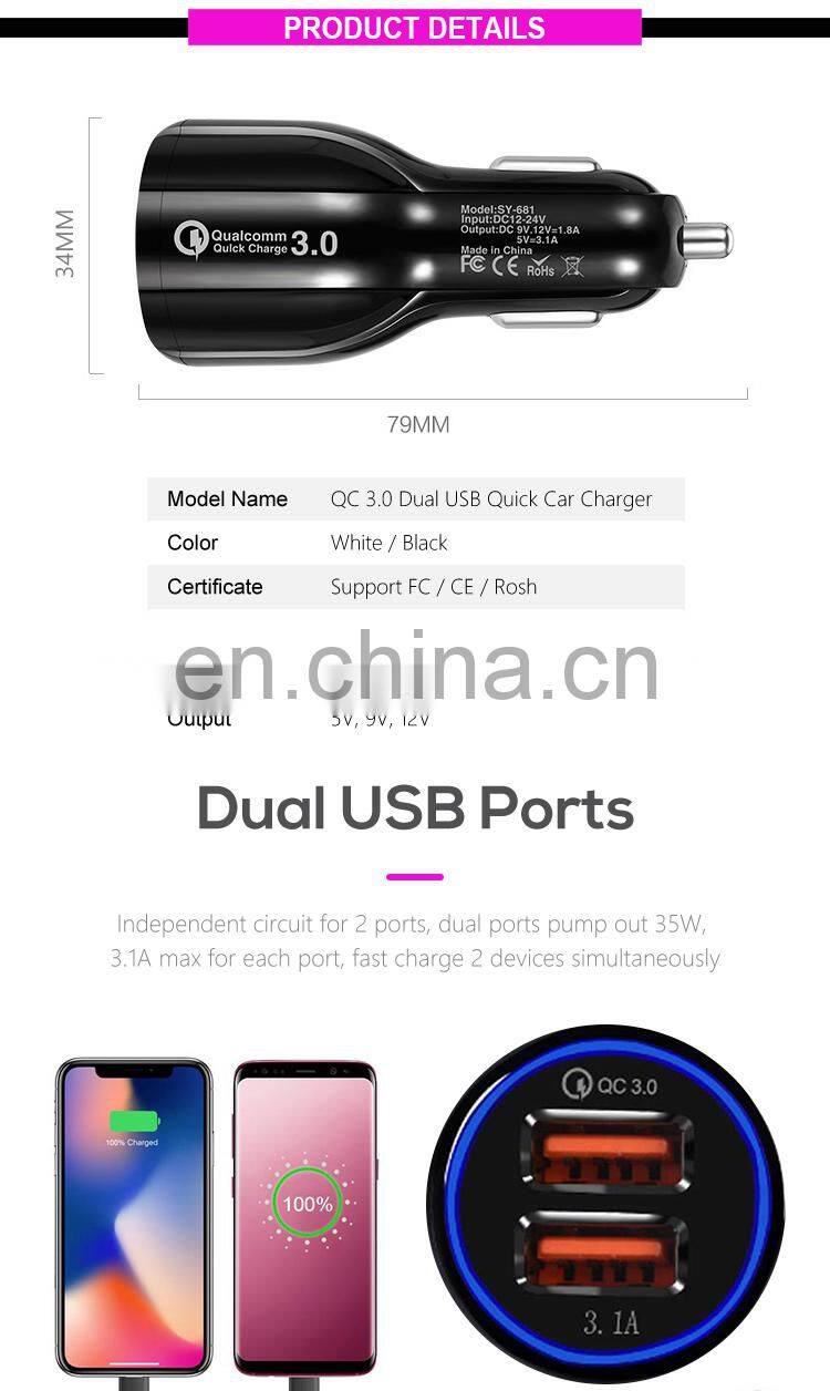 Car Charger 3.0 QC 3.0 Dual USB Quick Charging Adapter Car-Charger Type For Micro USB C Cable Phone Charger