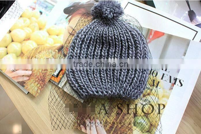 Hot Selling Lace Cover Tied Plain Acrylic Knitting Fashion Ladies Beanie Hat