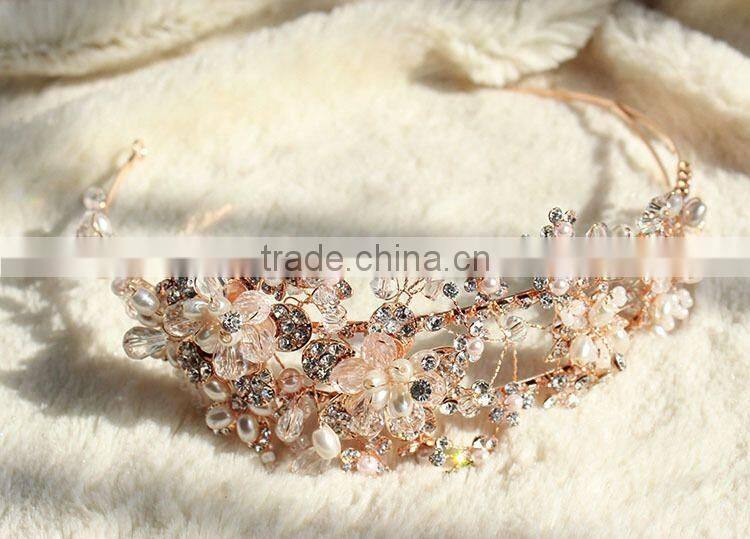2015 Hot Sale Handmade Rhinestone Golden Flower Hair Band Hair Accessories for Women