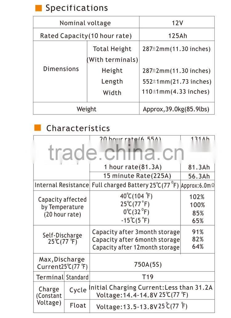Factory low price front terminal 12v 125ah ups battery