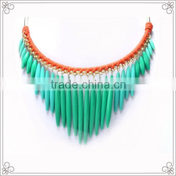 Round Beaded Collar Necklace With Green Resin Pendant