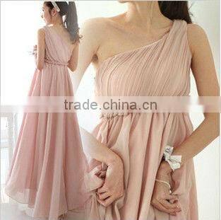 Inclined shoulder pressure fold long dress bridesmaid dress a little evening dressS02