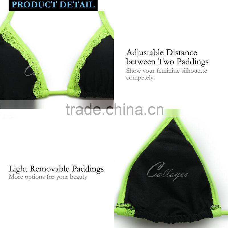 Colloyes New Sexy Bikini Swimwear 2016 Triangle Top Black + Green Lace with Classic Cut Bottom