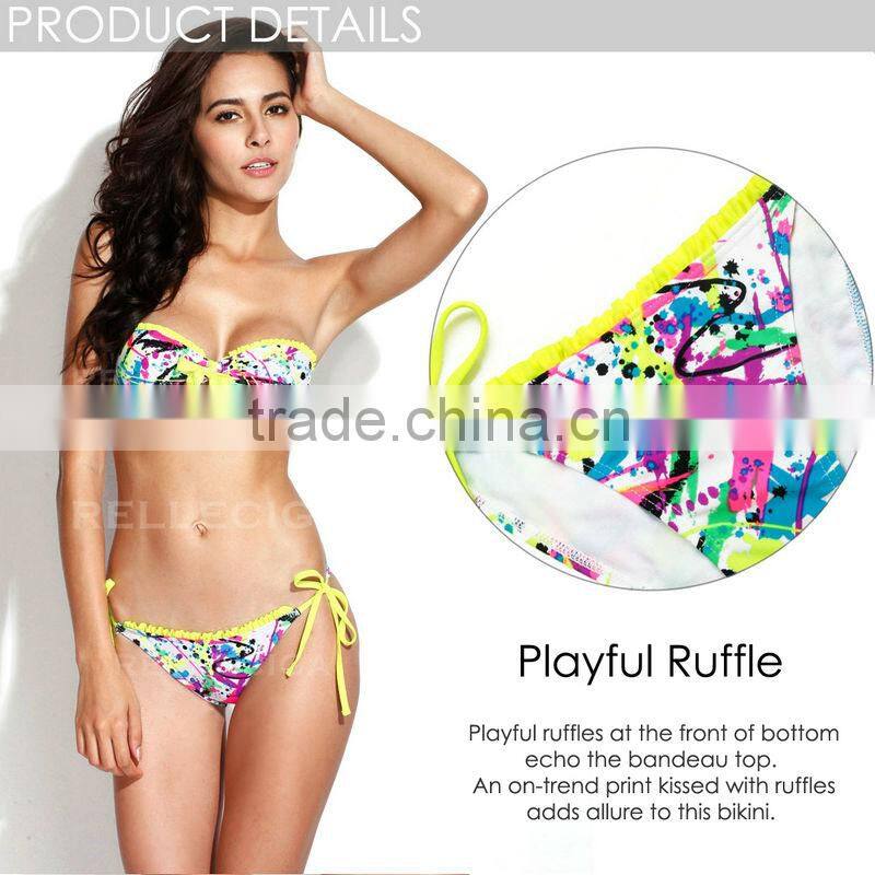 RELLECIGA 2016 Sexy Doodle Print Playful Ruffle Bandeau Bikini Swimwear