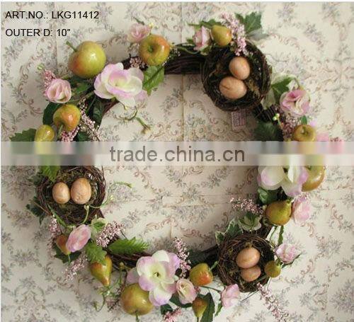 Hot Sale 10" Artificial Polyster Rose&Fruit with Eggs Easter Wreath