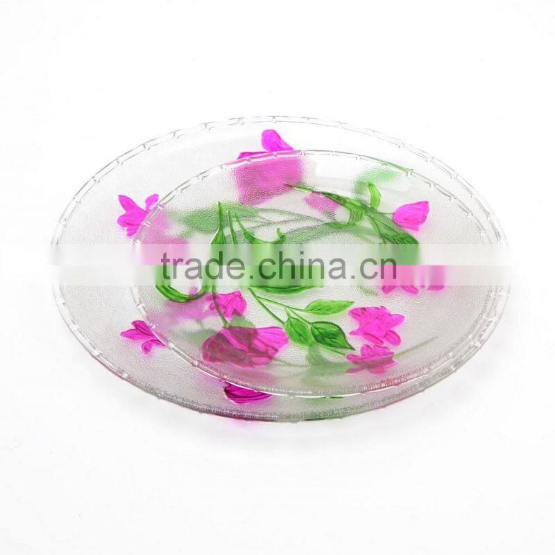 Hand Painted Round Food Rrade Clear Glass Plate With Flower Design