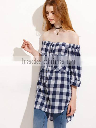 Blouses latest fashion design women clothing Gingham Button Pocket Off The Shoulder Blouse