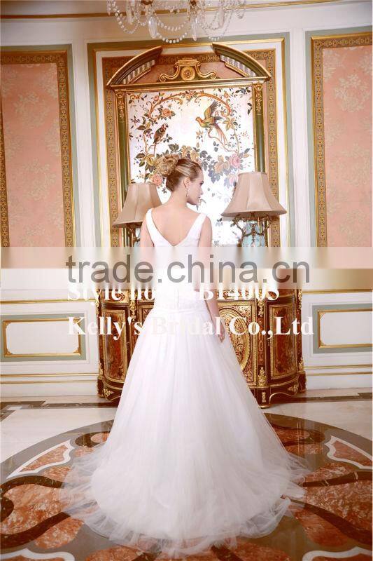Sexy Deep V Neck Design Sheath Lace Pleated Tulle Strapless Wedding Dress
