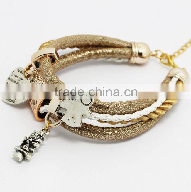 New Vintage Fashion Simple Metal Made With Love Heart Christmas Tree Charm Multilayer Leather Bracelet
