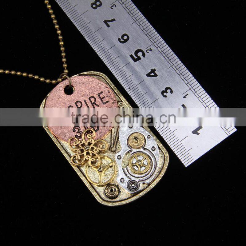 2015 yiwu fashion imitation jewelry steampunk necklace dog tag gear steam inspire letter pendant cameo statement necklace