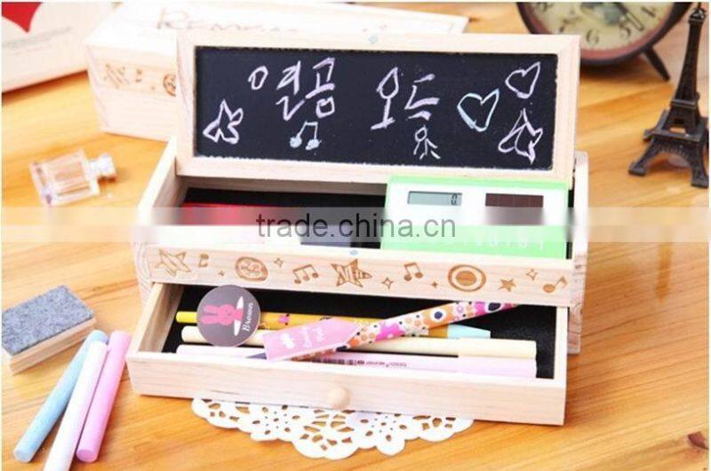 Cute Vintage Wooden Boxes Stationery Bag Double Drawer School Pen/Wooden DIY pencil box with small blackboard and drawer