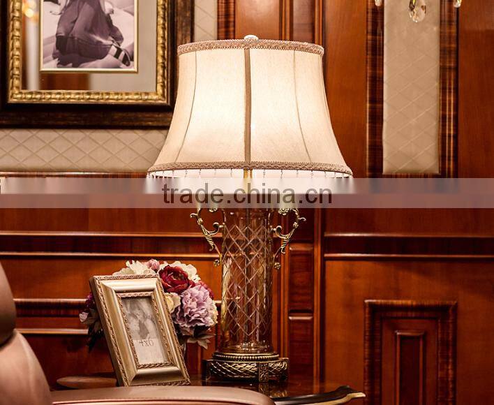 Dark brown cylindrical glass lamp body metal bottom table lamp with fabric lampshade